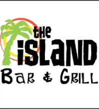 Logo of "The Island Bar & Grill" featuring a stylized green palm tree with an orange sun backdrop and bold black text on a white background.