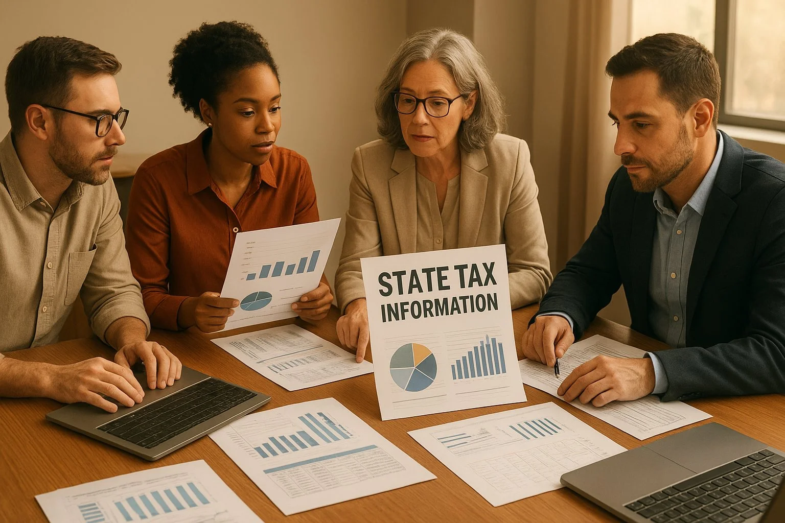 Small business owners and accountants gathered at a table with laptops, spreadsheets, and charts, reviewing state tax details and planning PTE strategy in a warm, focused setting.