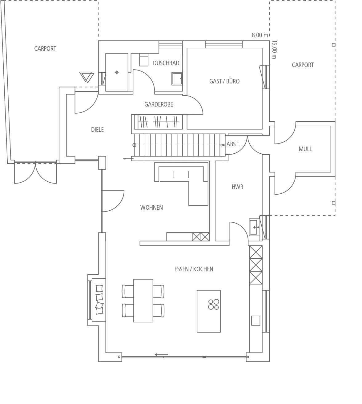 Grundriss eines modernen Einfamilienhauses mit Carport, Diele, Garderobe, Duschbad, Gäste-/Bürobereich, HWR, Wohnen und Ess-/Kochen.