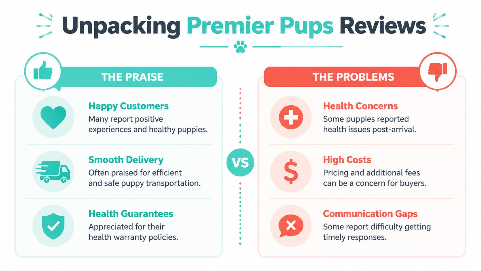 An infographic titled Unpacking Premier Pups Reviews comparing positive customer experiences with reported problems and concerns.