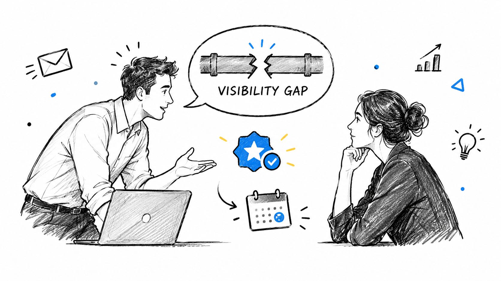 A professional man explaining a visibility gap to a colleague with icons for email and scheduling.
