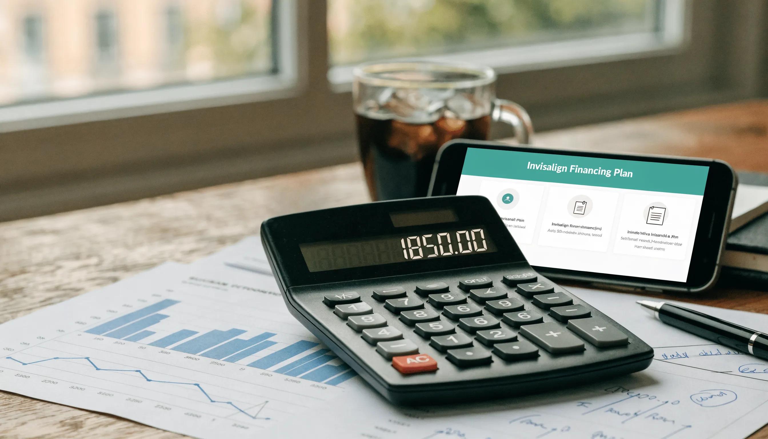 Calculator and financial documents representing Invisalign treatment costs and payment plans