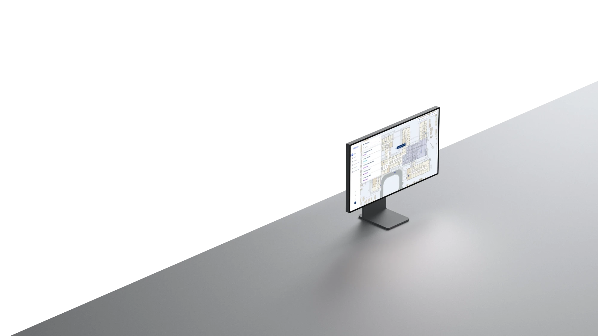 Computer monitor with Velavu web dashboard showing asset locations