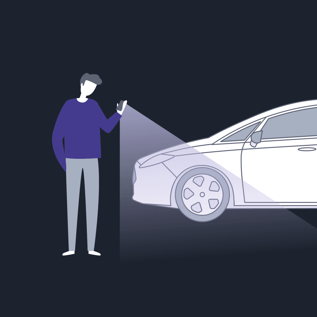 Illustration of a man in a navy jumper holding a phone up to scan a white car, with a beam of light from the camera projecting onto the vehicle's front quarter, set against a dark background.