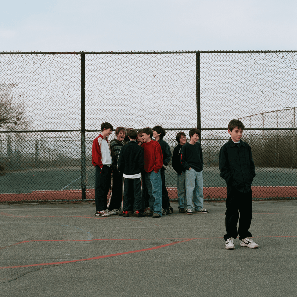 Group of boys on a schoolyard while one boy stands slightly apart