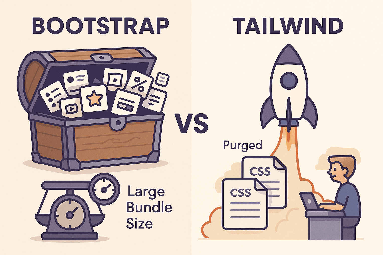 A split illustration showing Bootstrap as a heavy treasure chest overflowing with UI components labeled “Large Bundle Size,” and Tailwind as a lightweight rocket launching with compact “Purged” CSS files symbolizing speed and efficiency.