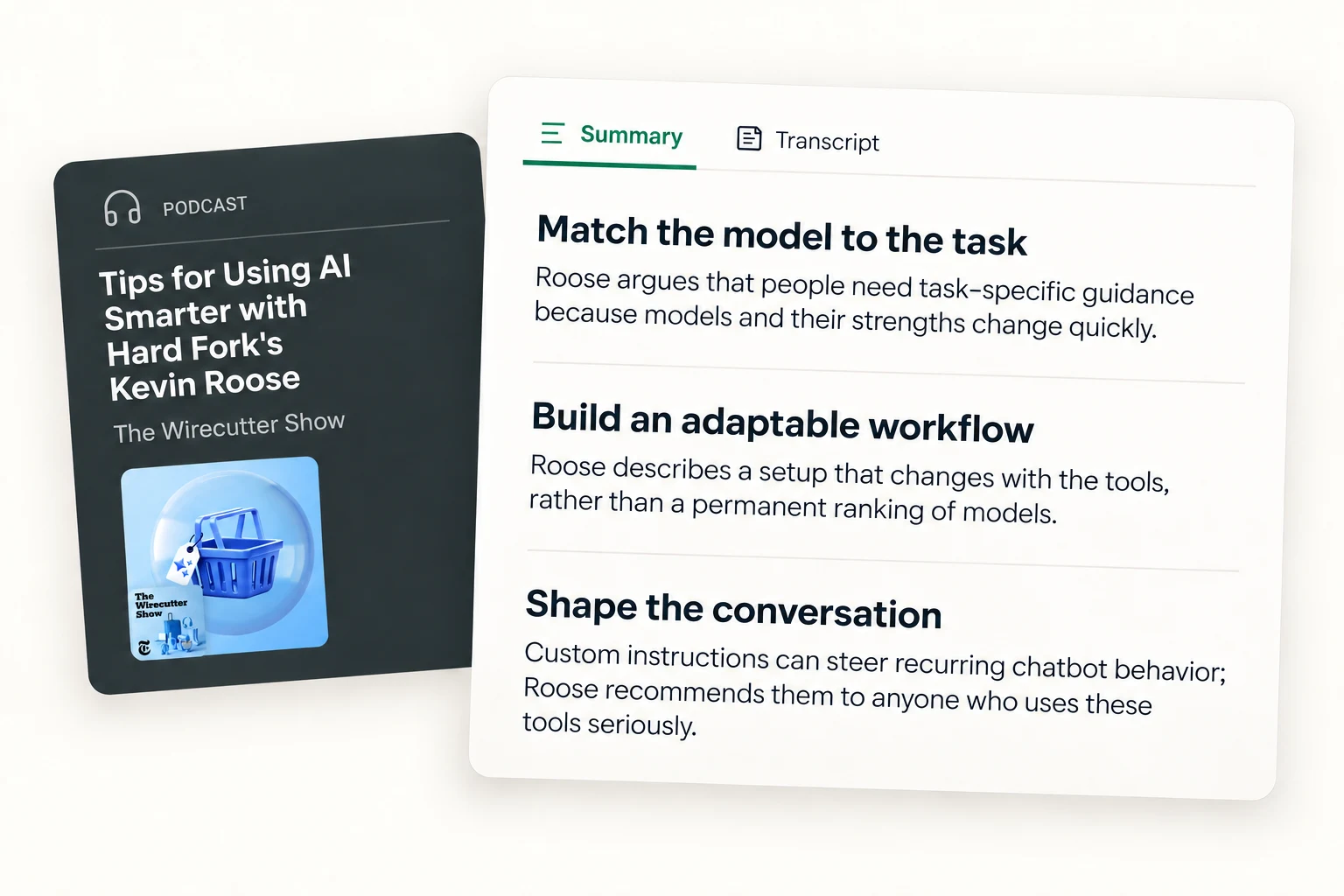 The Wirecutter podcast artwork beside three sections from its Bettership summary.