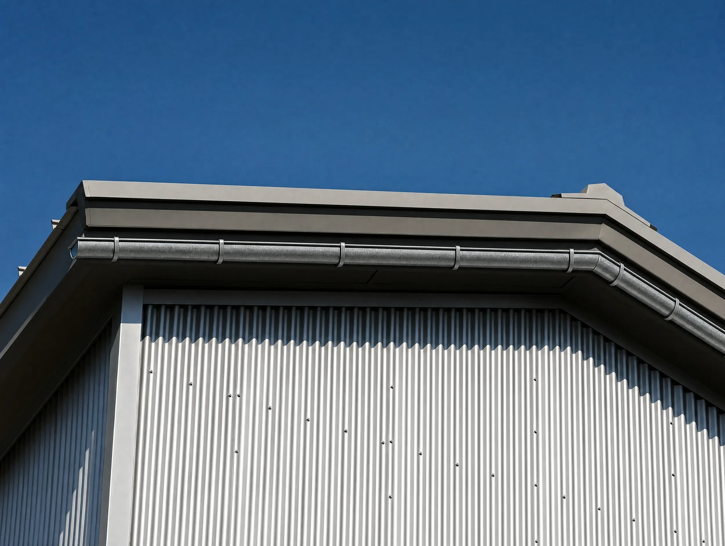 Half-round galvanized steel gutter with hangers on a modern building with corrugated metal siding