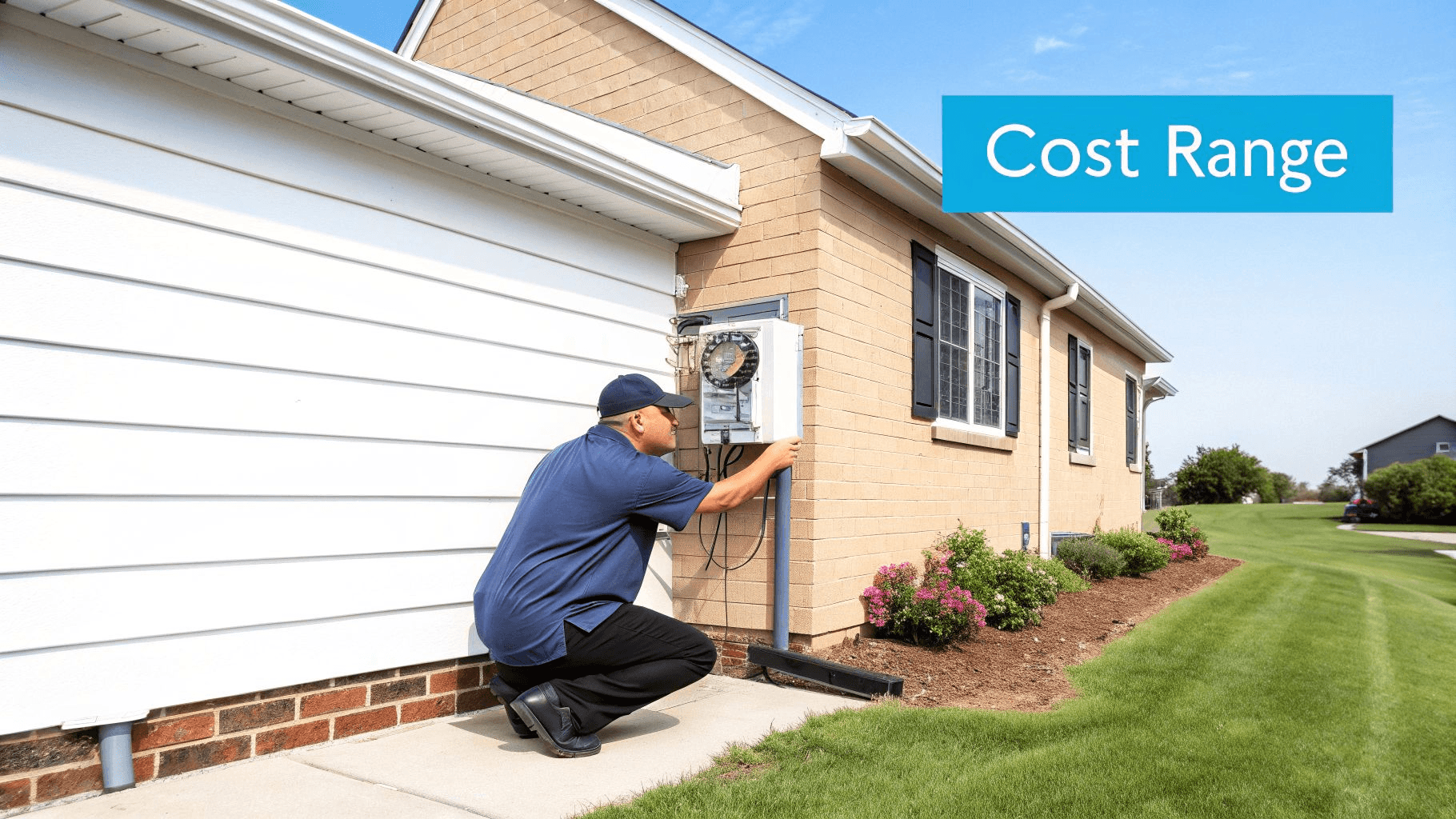 a man servicing an electric box attached to a home 