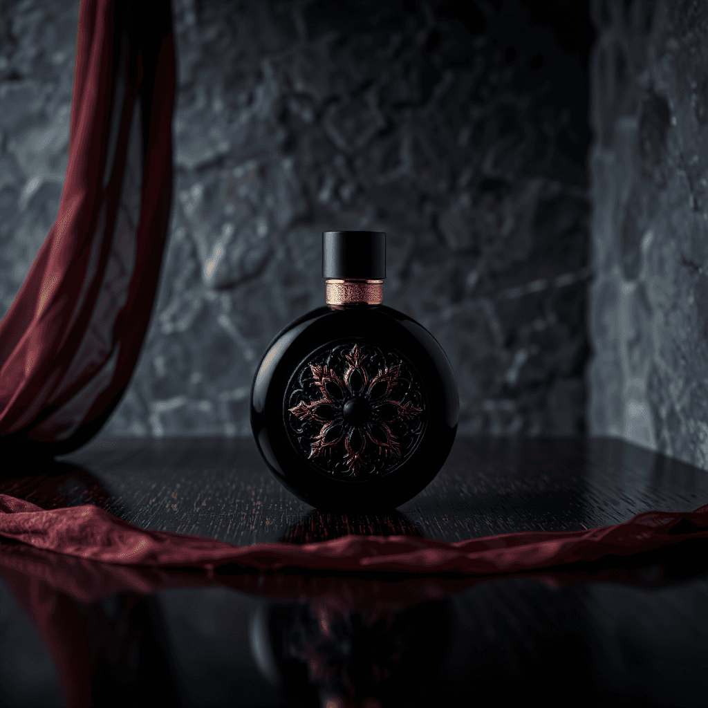 product photography of a bottle of perfume, used for personal fragrance, featuring a round shape with a decorative design