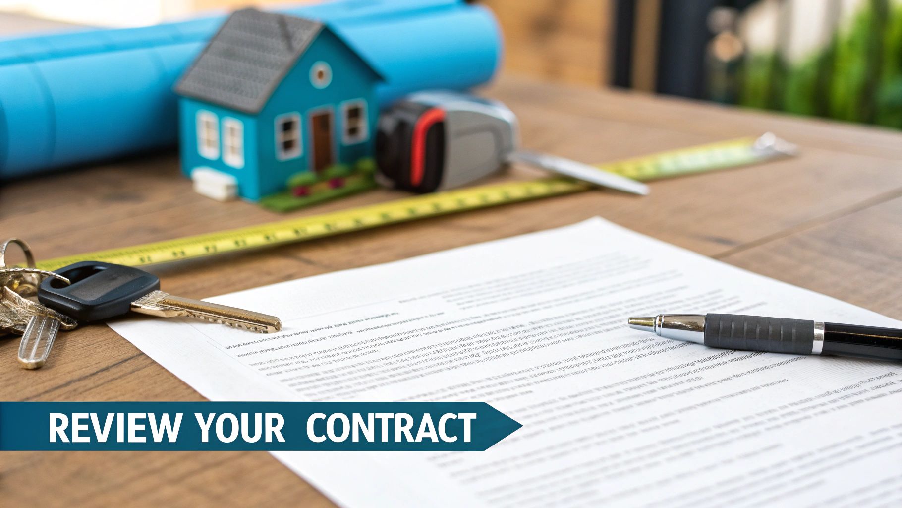 A house model, keys, measuring tape, and a contract with a pen on a wooden desk. Text: REVIEW YOUR CONTRACT.