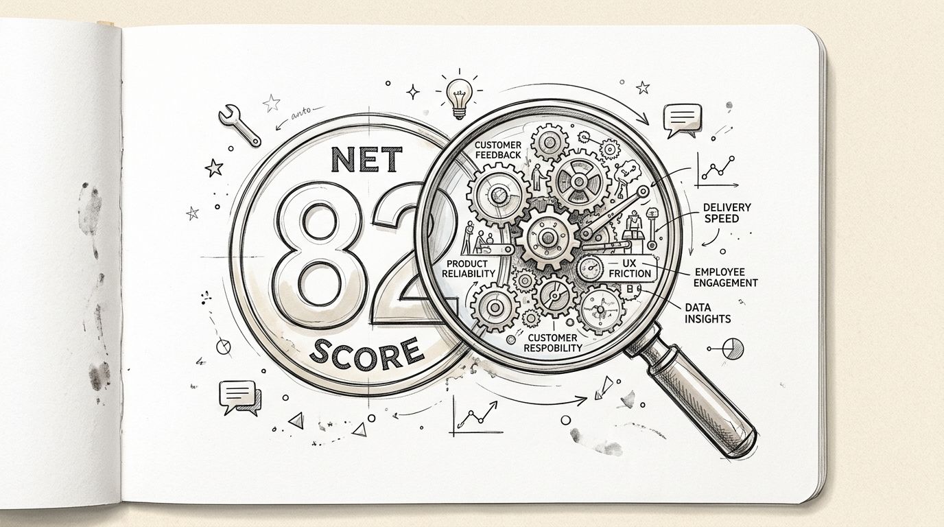 A hand-drawn sketch of a magnifying glass over a net score of 82 with business gear components.