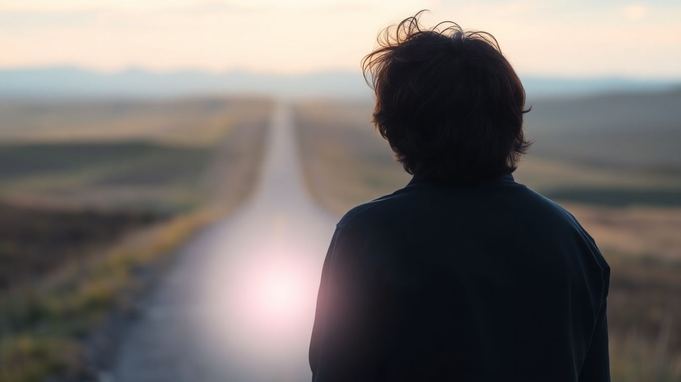 Person at crossroads, looking inward with determination.