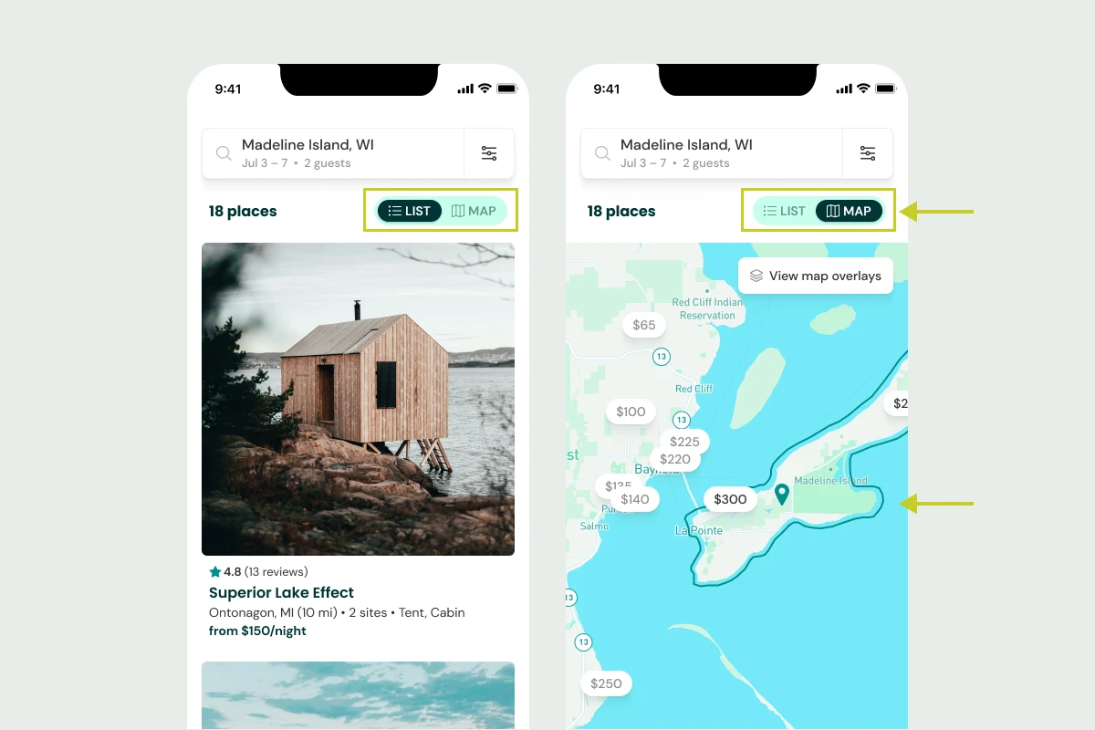 Two smartphone screens display a travel app for Madeline Island, WI. The left screen shows a cabin with booking details; the right shows a map with highlighted prices.