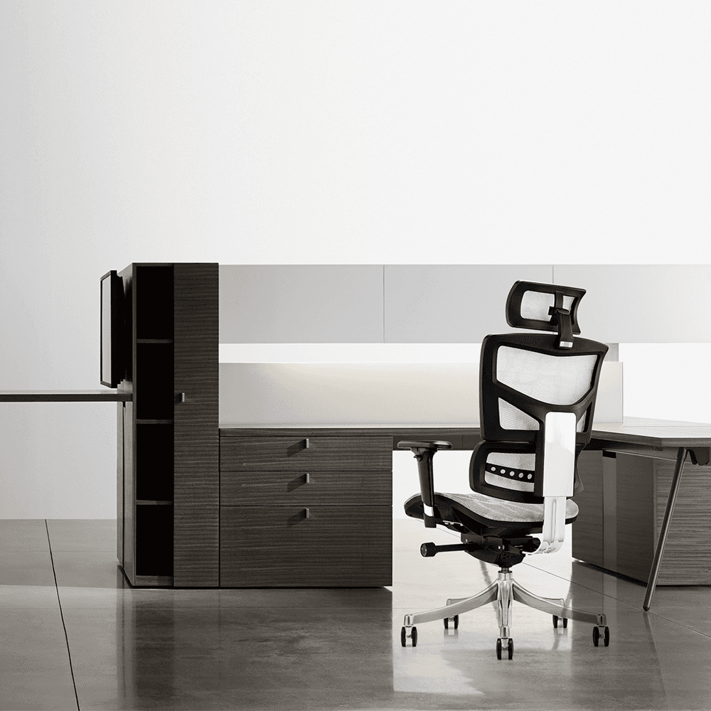 rofessional workspace interior showing a comfortable executive swivel chair in a bright, contemporary office environment.