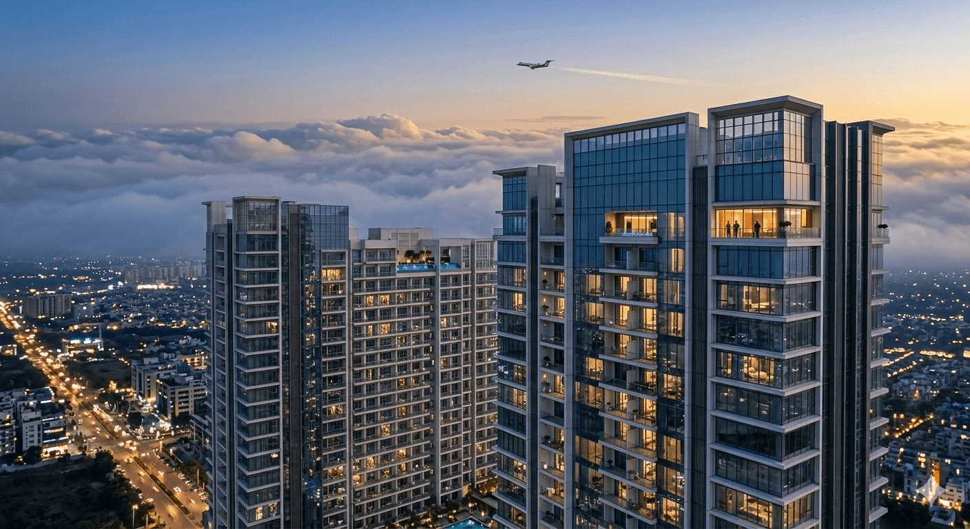 Luxury high-rise residential towers illuminated against the evening sky in Sector 65 Gurugram
