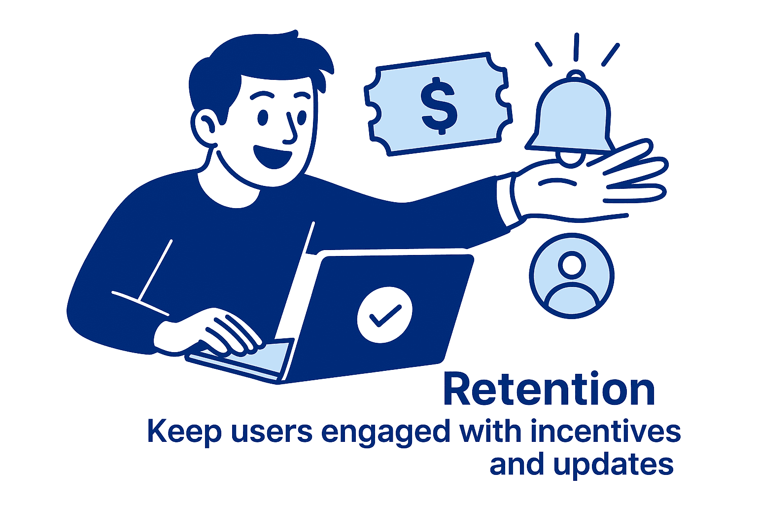 An illustration with a person that represents a Retention stage of the Web3 marketing funnel