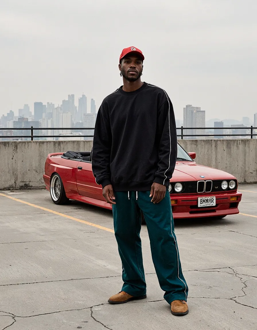 Man in black sweatshirt and red cap poses with red convertible car on urban rooftop with city skyline background