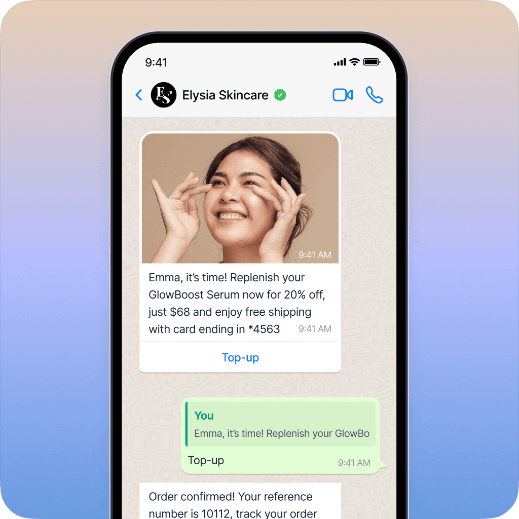 WhatsApp chat showing personalized skincare reorder notification with one-click purchase option