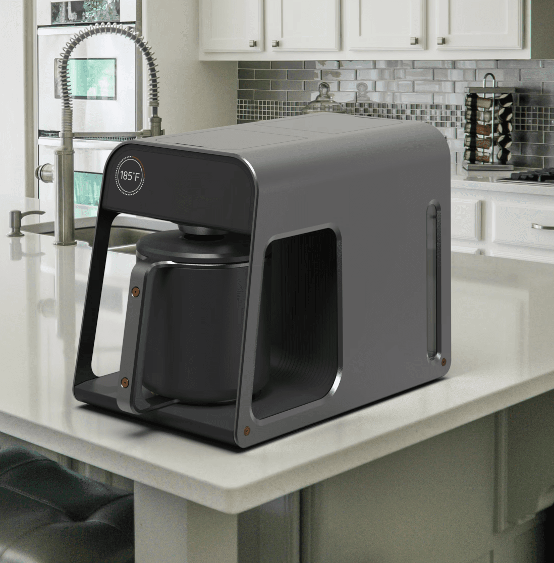 A sleek, modern coffee maker with an electronic display.
