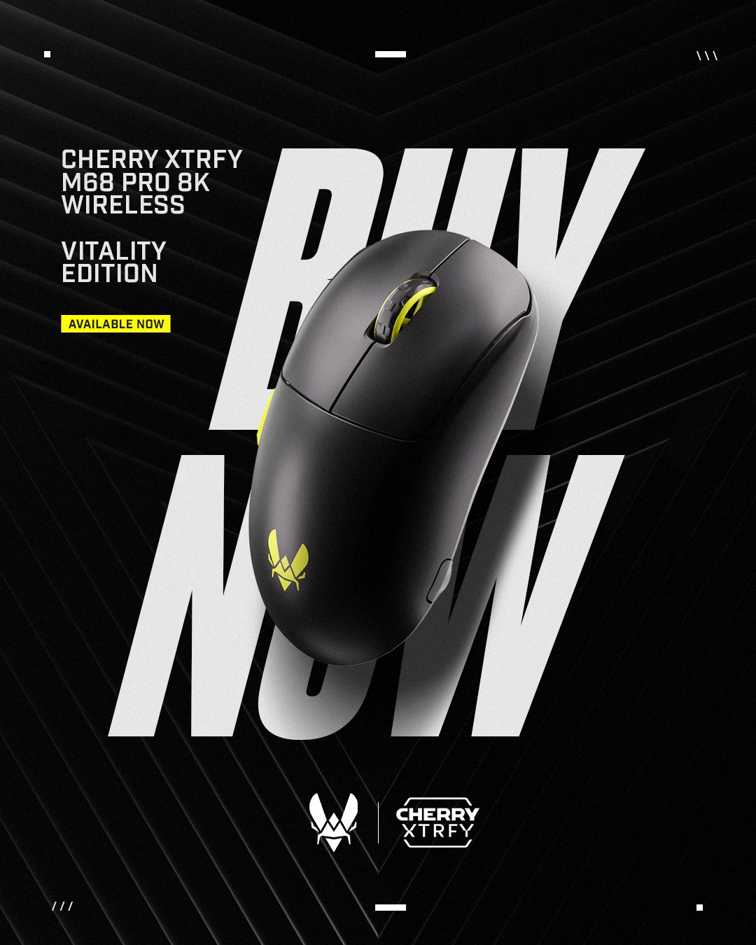 Cherry-Xtrfy project visual: Black computer mouse with yellow Vitality logo on a large white headline "Buy now" over a black background. Top left in white: "Cherry Xtrfy M68 Pro 8K wireless Vitality Edition", then black text on yellow background "available now", bottom: white Vitality and Cherry Xtrfy logos