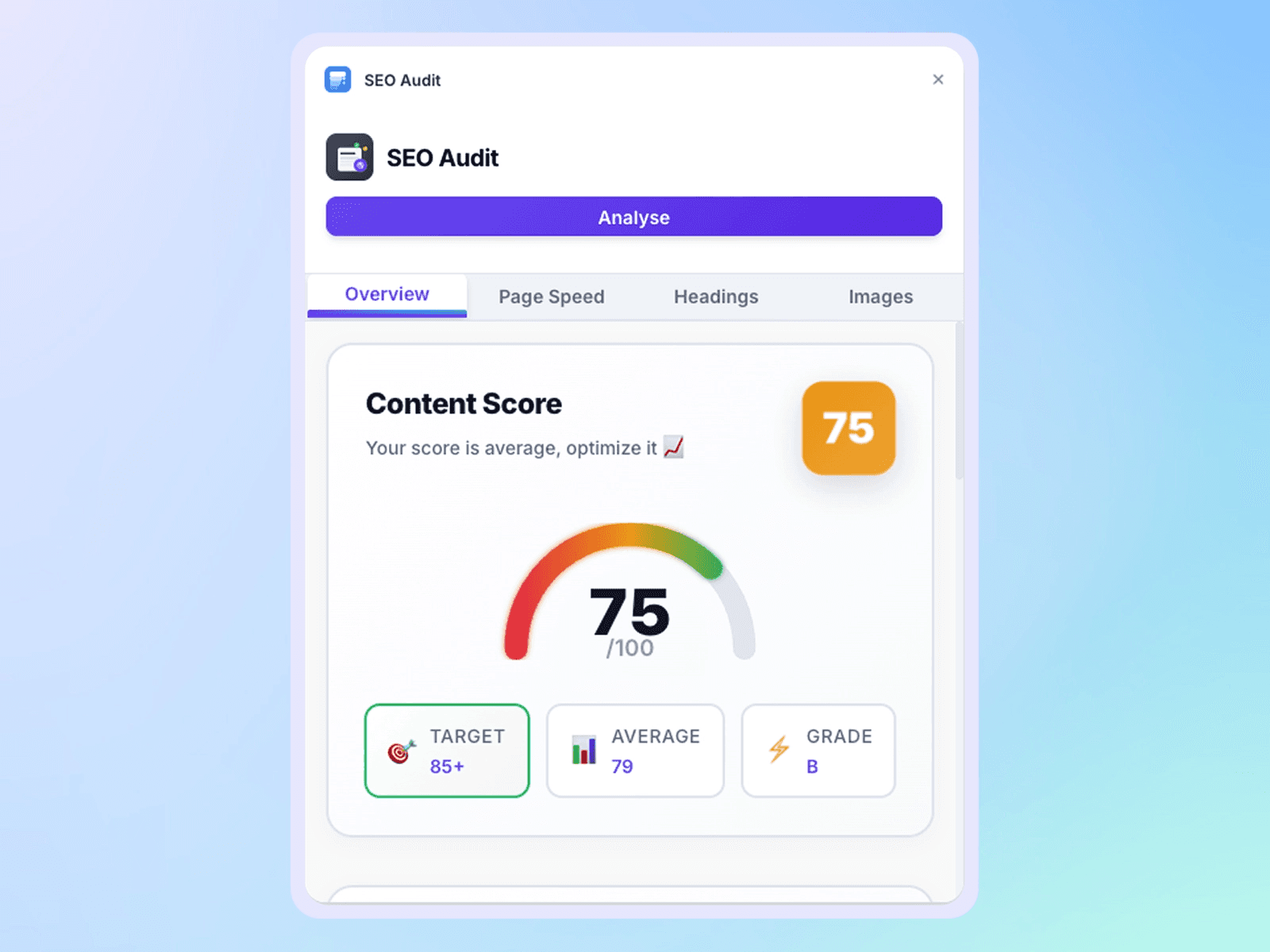 Screenshot of SEO Audit plugin UI
