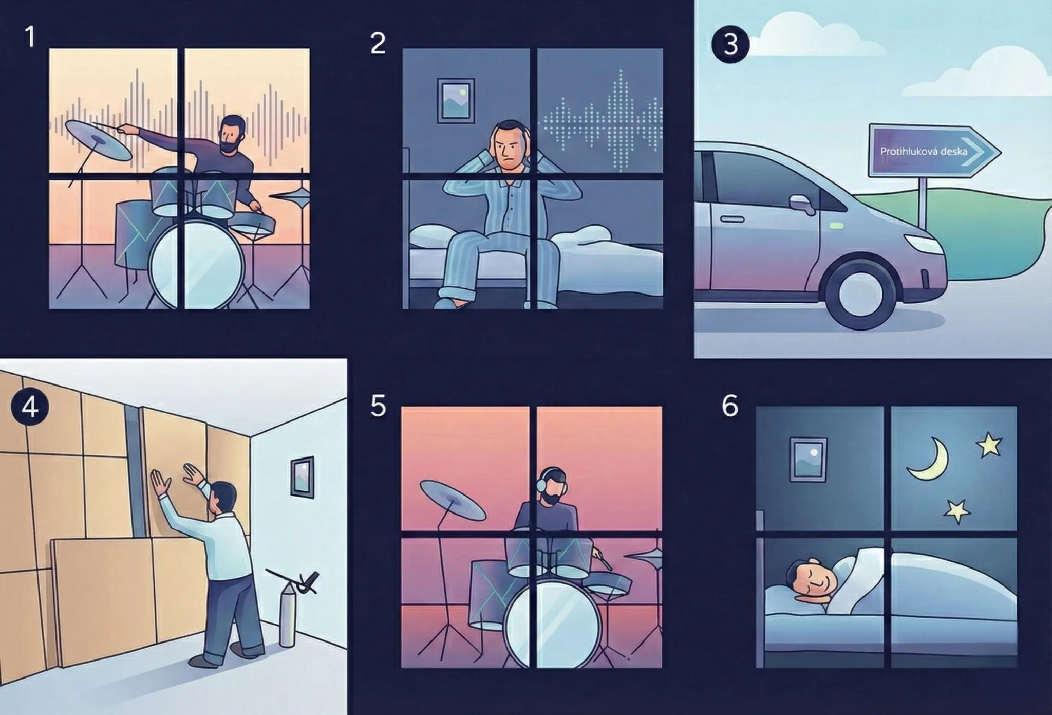 Muž stojí na žebříku a pracuje na šedé stěně pomocí nářadí v částečně dokončené místnosti instaluje protihlukovou desku.