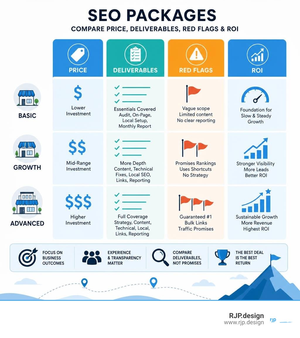 Infographic comparing SEO package price, deliverables, red flags, and ROI infographic