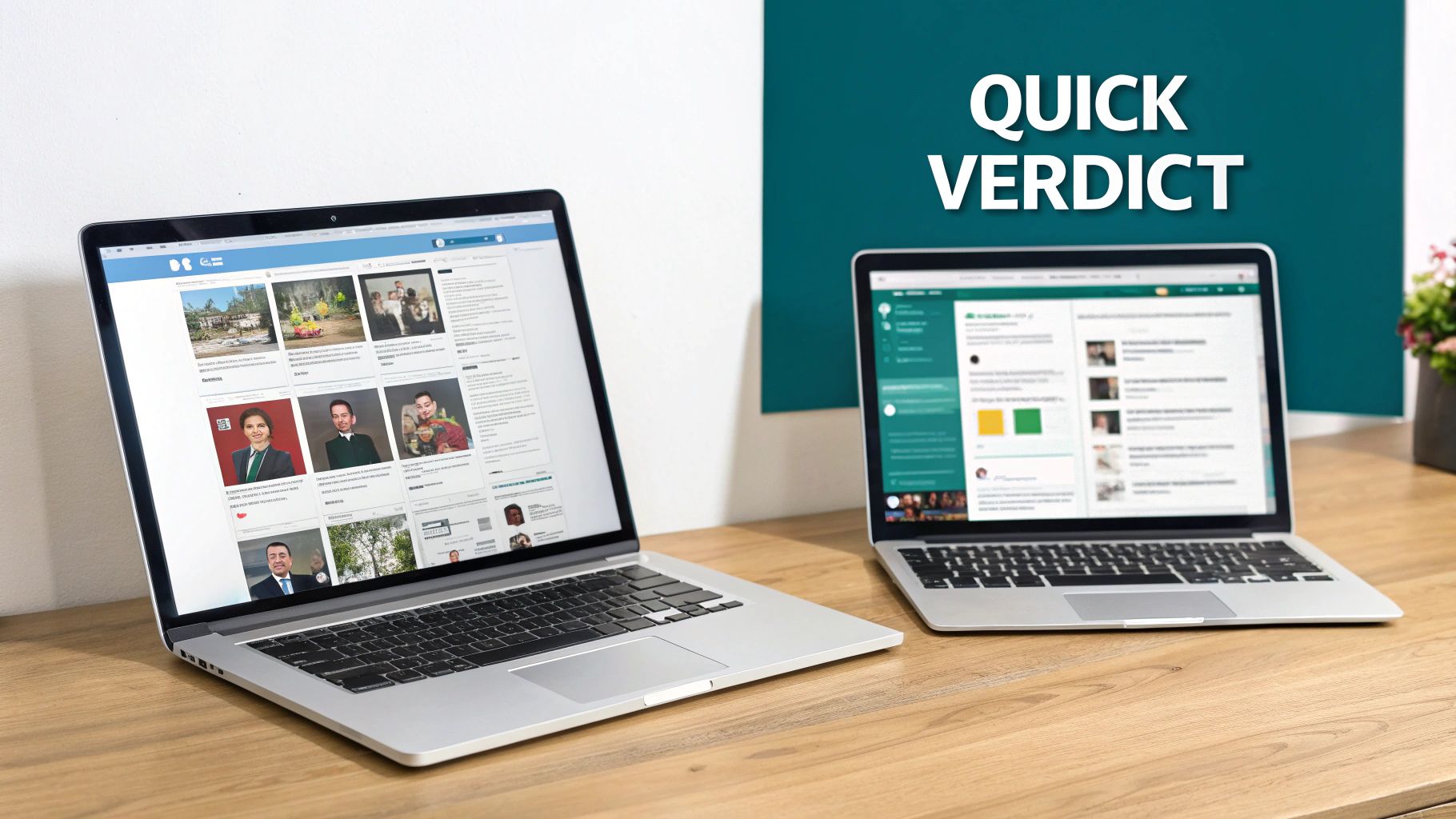 Two laptops on a wooden desk displaying social media dashboards, with a 'Quick Verdict' sign in the background.