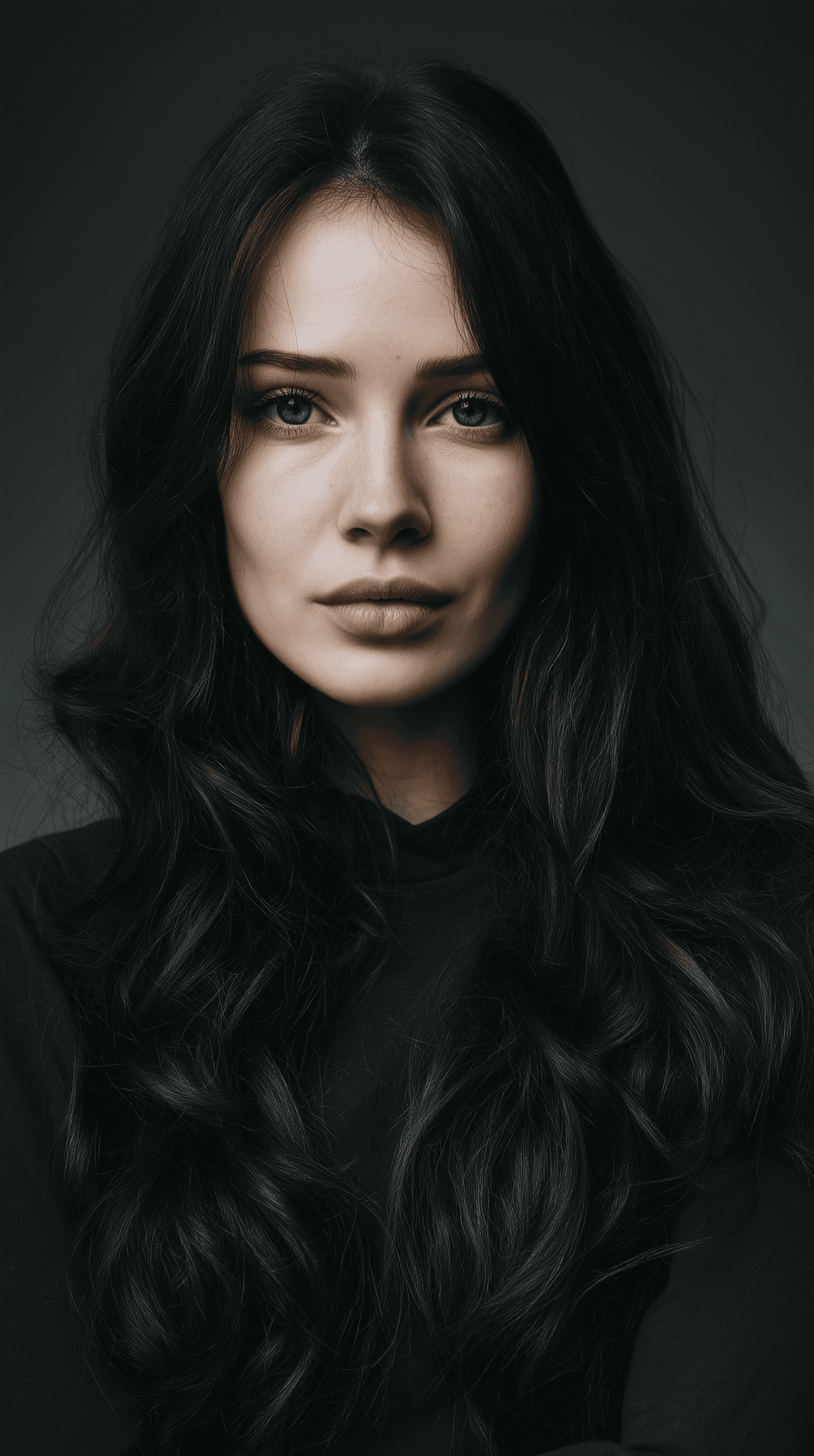 Portrait of a woman with long, dark wavy hair and fair skin against a dark background. She gazes directly at the camera, exuding confidence and calmness.