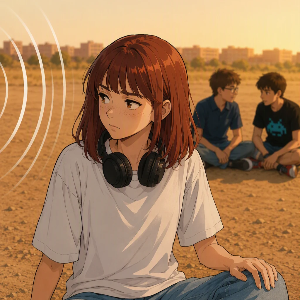 Iria, sentada en el suelo con los auriculares al cuello, mira de reojo hacia los coches con cara de fastidio. Desde ese lado llegan las ondas de la música. Detrás, Pol y Unai.