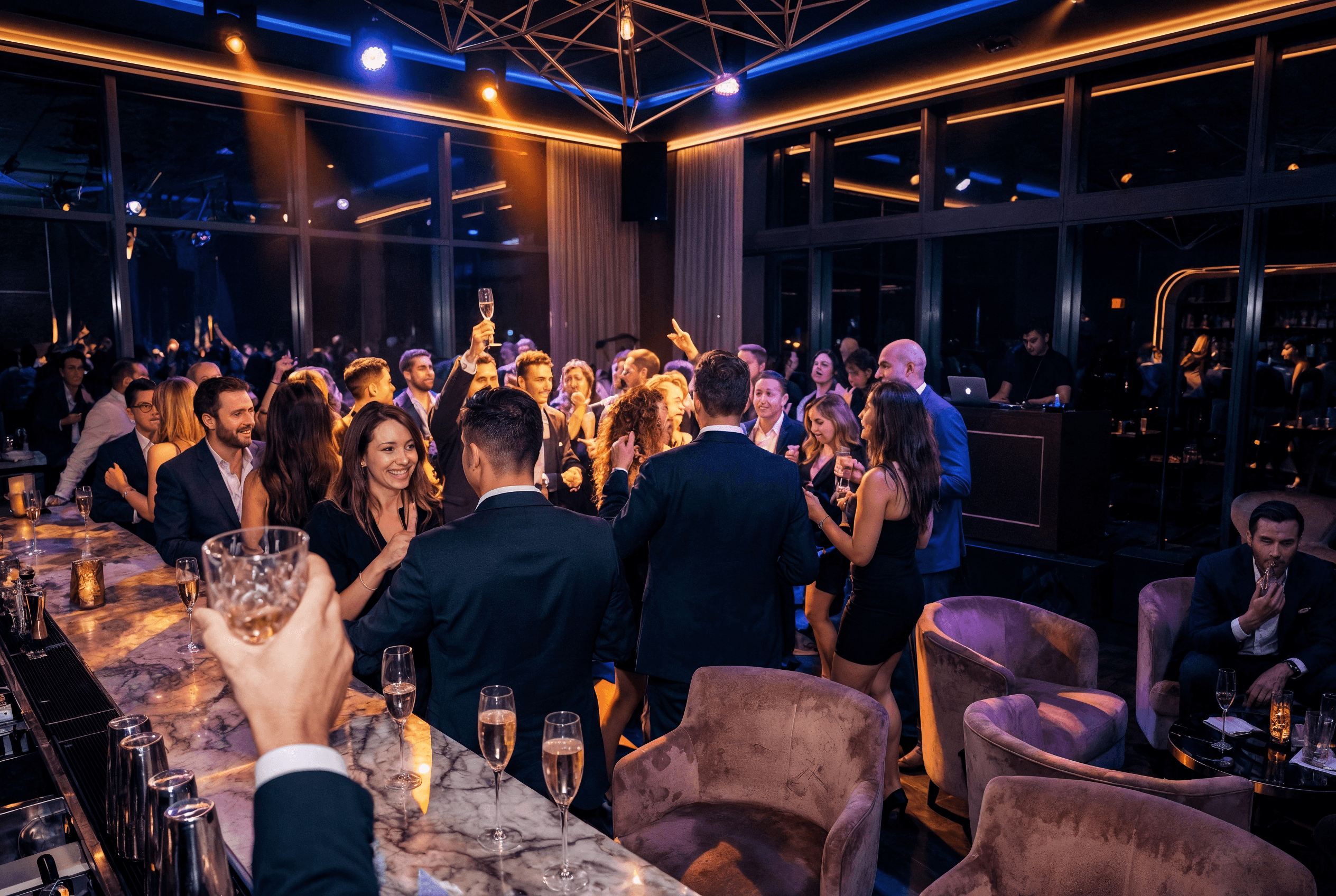 Creative workspace with large windows and a wall full of inspiration boards.