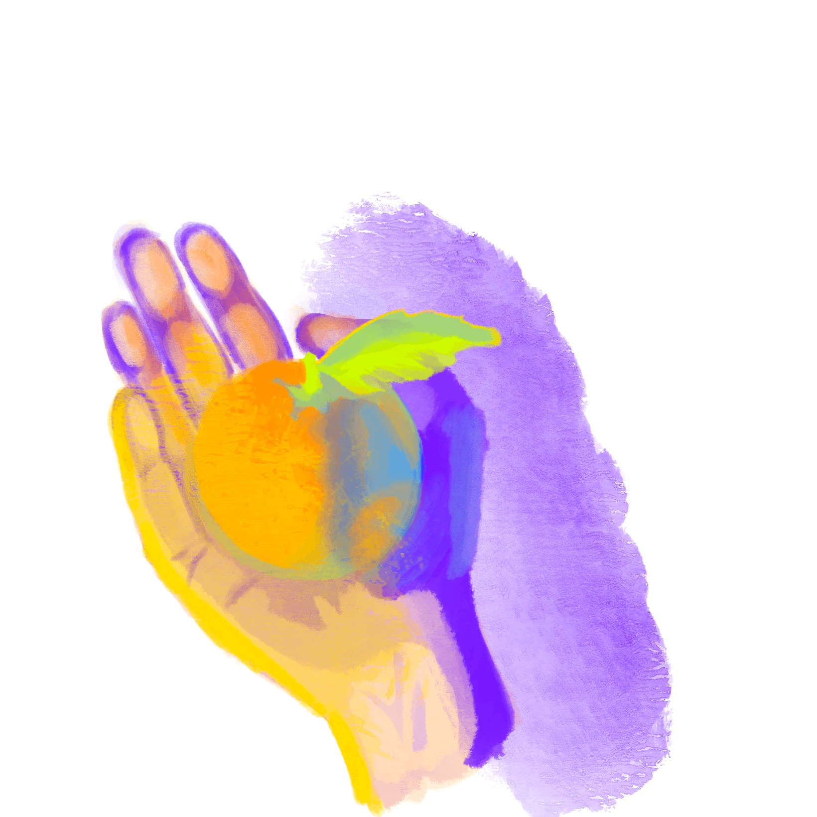 Digital study of a hand holding an orange, using a variety of saturated colors