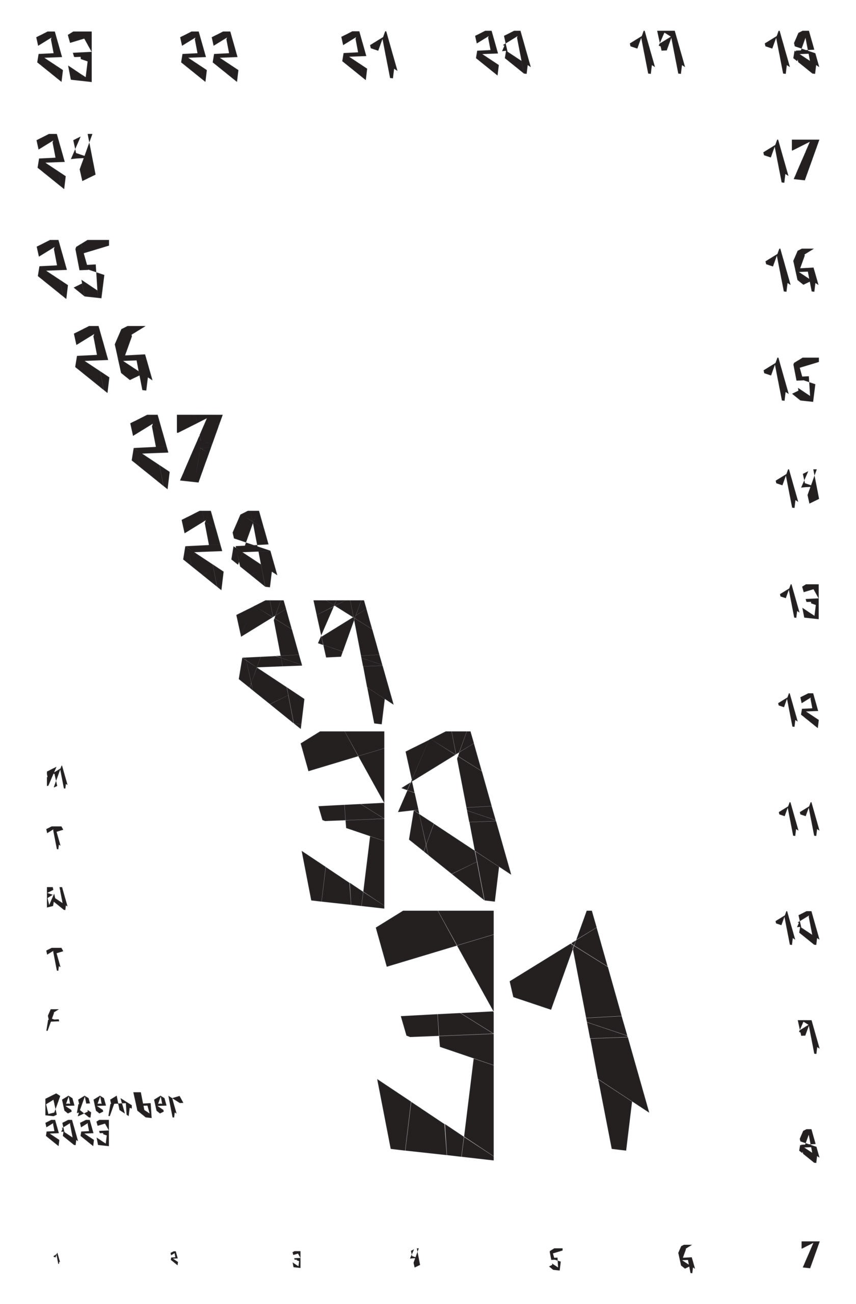 A poster on a white background with numbers around the frame from 1 to 31 and December 2023