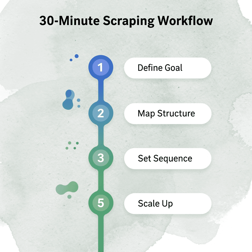 Numbered steps infographic showing the 30-minute scraping workflow