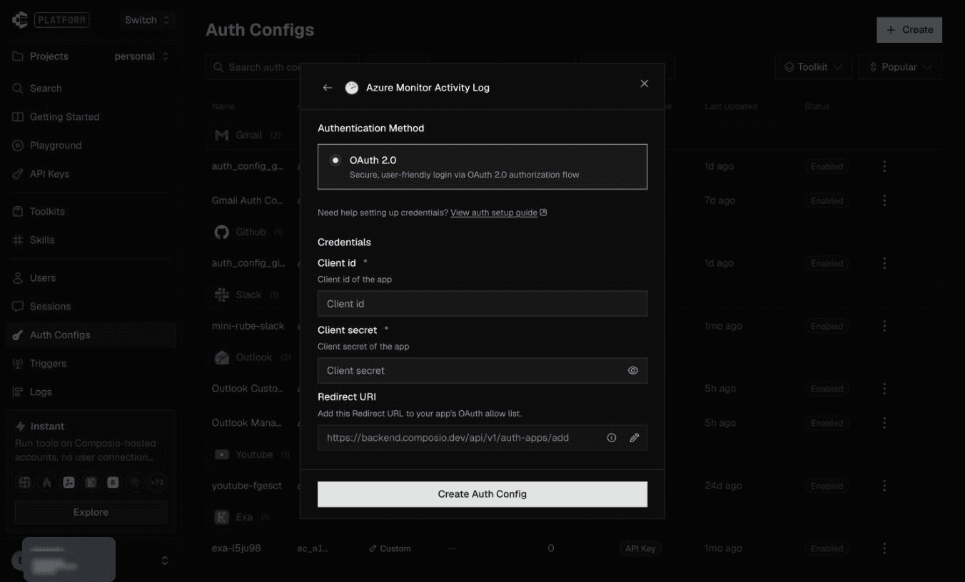 Azure Monitor OAuth 2.0 credential inputs