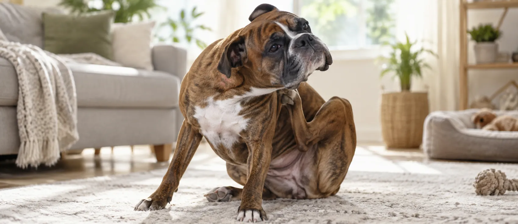 Boxer dog scratching itself on a rug, a common sign of flea irritation.