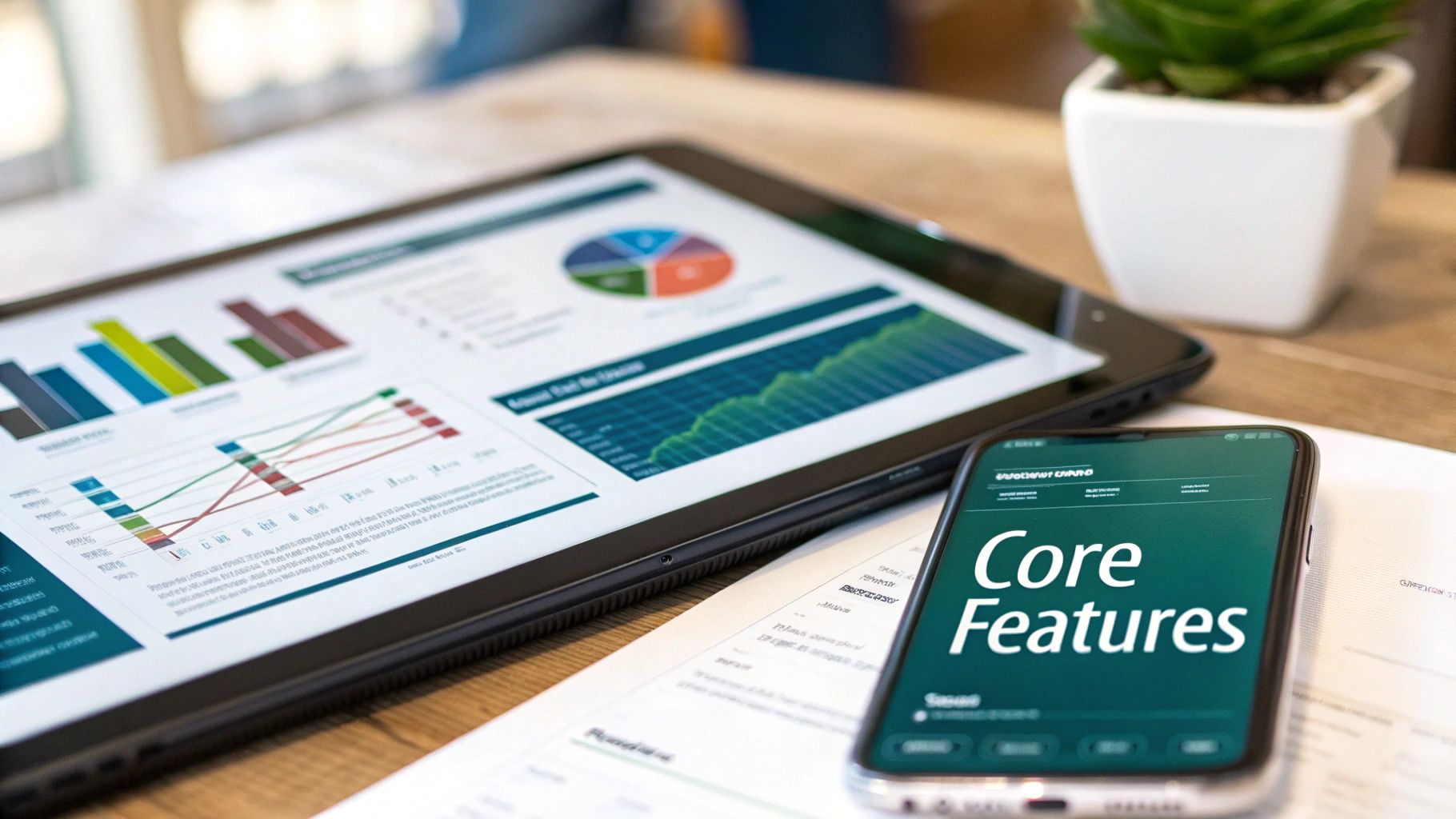 A tablet displays various charts and data, next to a smartphone showing 'Core Features' on a desk.