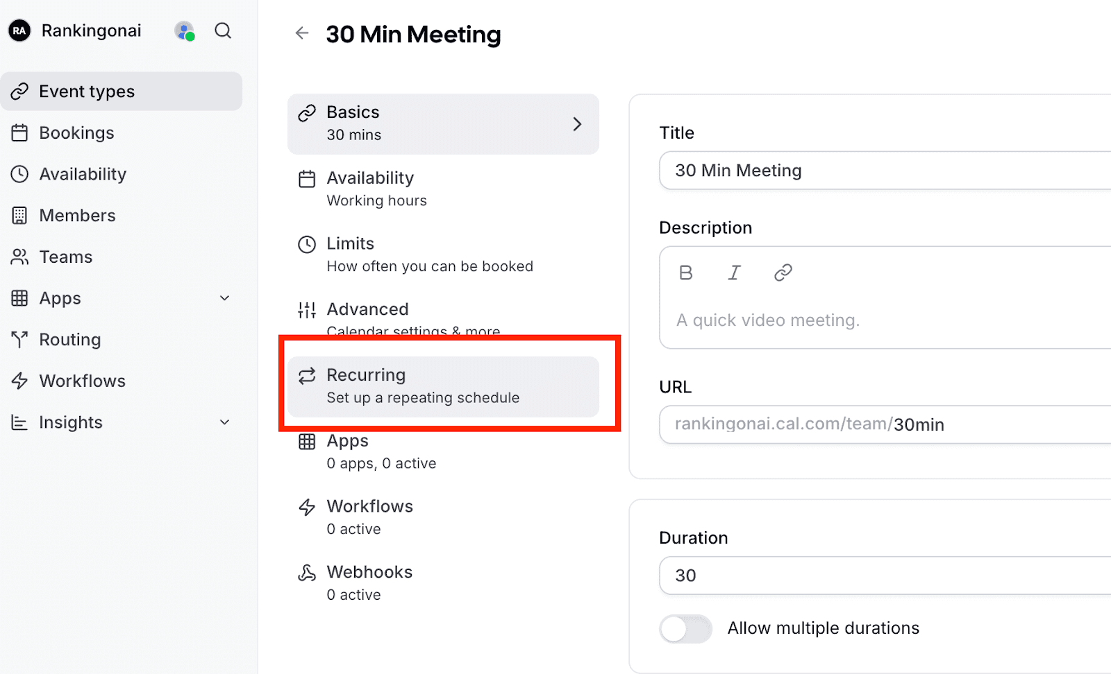 Setting recurring events in Cal.com