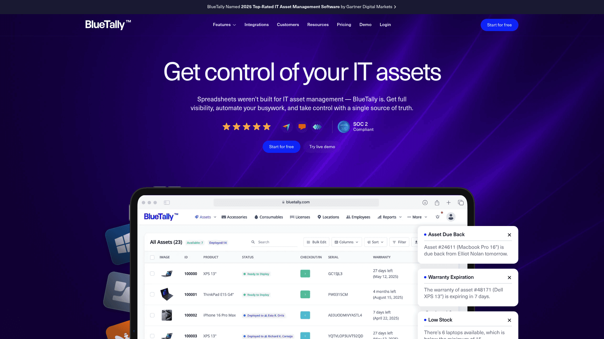 The BlueTally homepage, a key part of the BlueTally vs Snipe-IT evaluation.