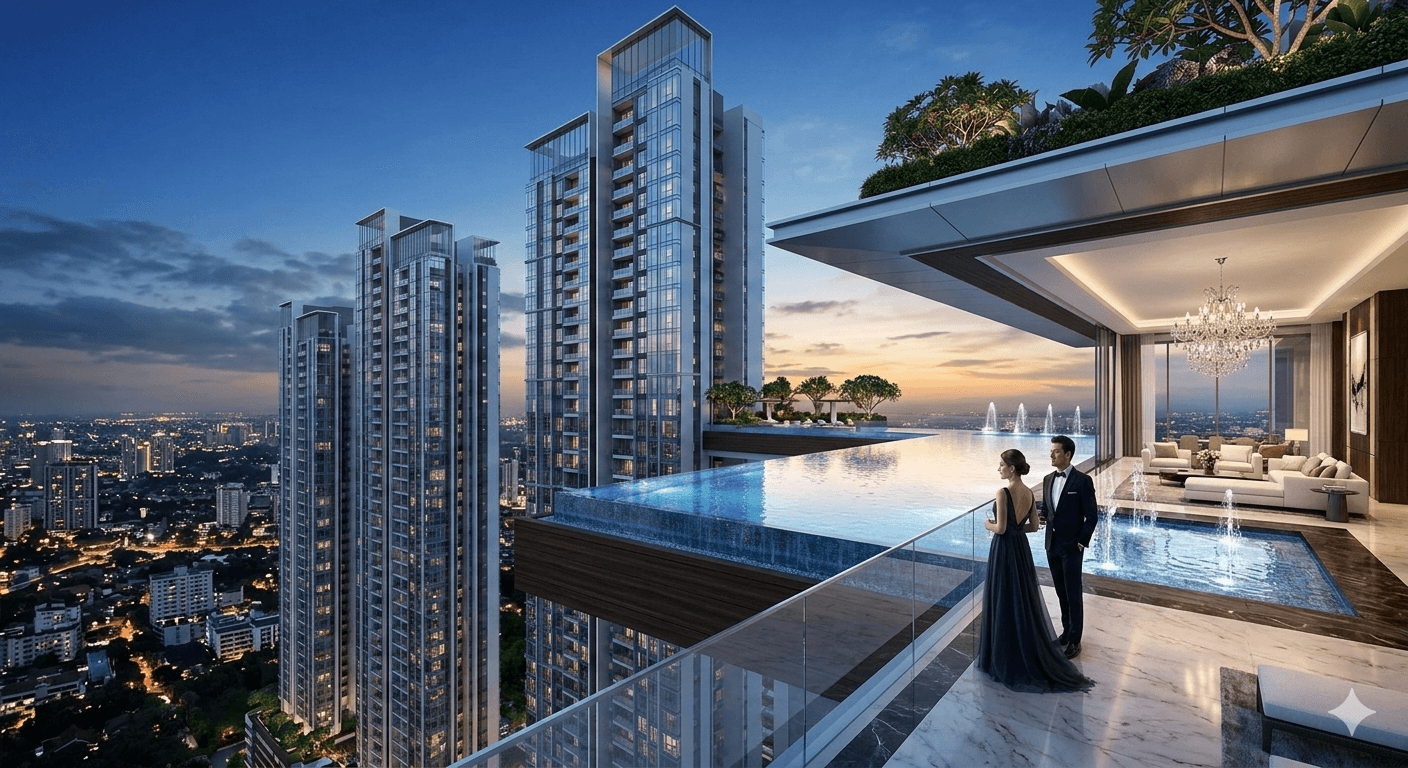 Luxury penthouse balcony with infinity pool overlooking high-rise towers in Sector 113 Gurugram at dusk.
