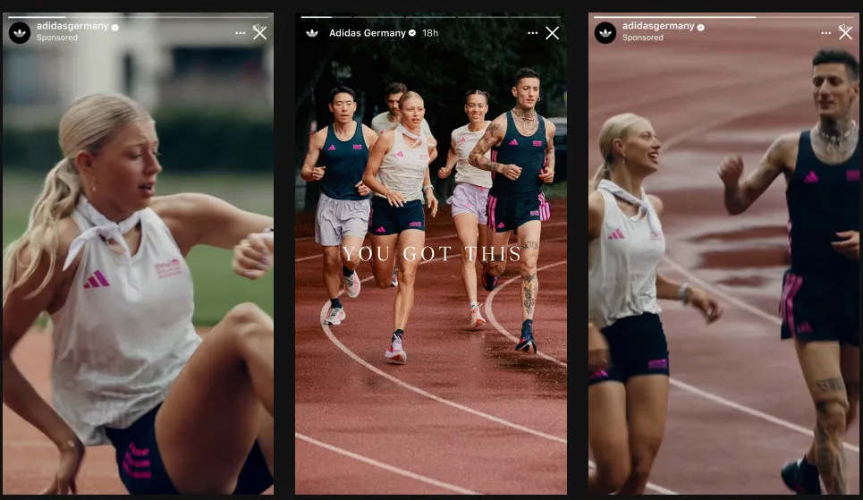 Three-panel Instagram Story ad campaign from Adidas Germany showing athletes training and running on a track. The visuals feature branded athletic apparel, motivational messaging such as “You Got This,” and dynamic sports imagery designed for social media advertising and brand engagement.