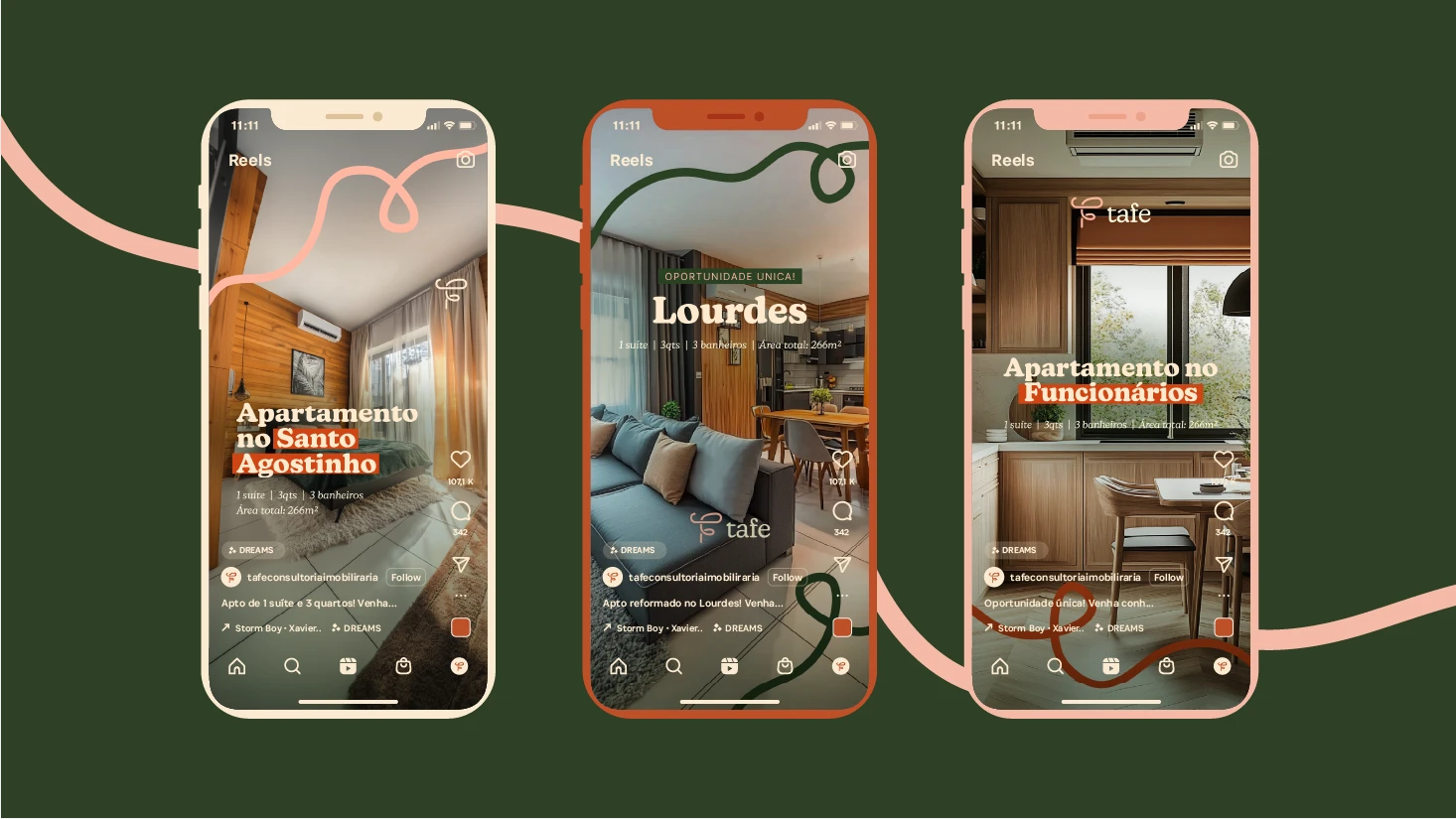 Three smartphone mockups showing Tafe's Instagram Reels templates for property listings — featuring apartments in Santo Agostinho, Lourdes, and Funcionários neighborhoods, each with property specs and the Tafe brand overlay.