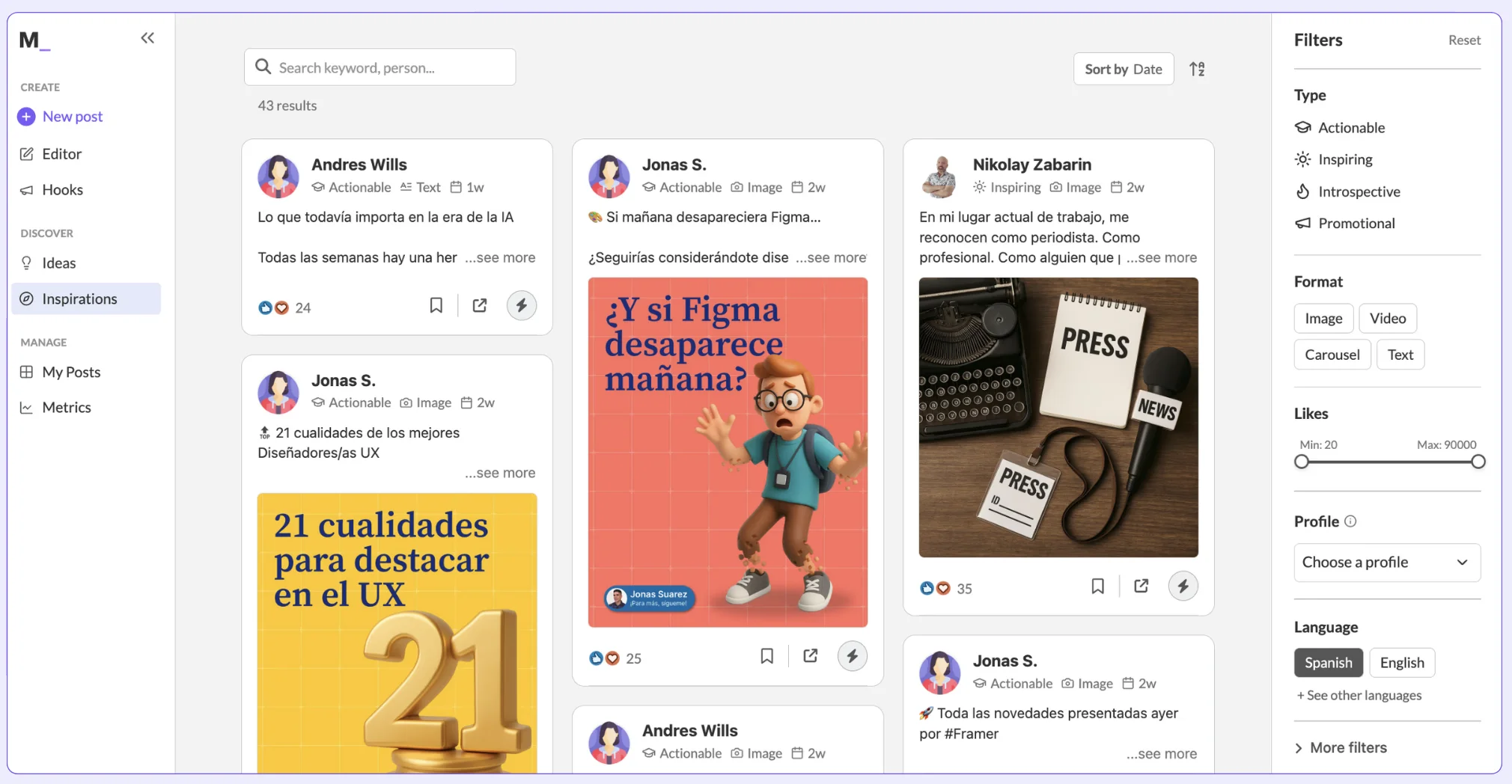 MagicPost Inspirations library displaying viral LinkedIn posts filtered by type, format, likes, and language for content inspiration