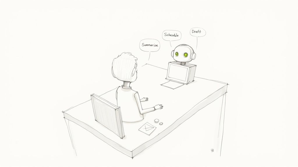 An executive using a tablet with AI-powered analytics to visualize their priorities.