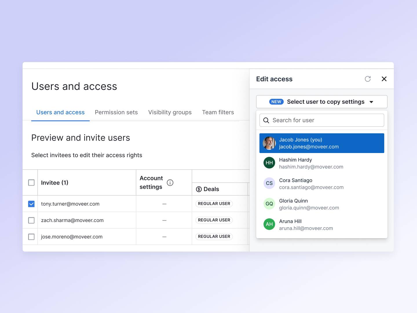 Pipedrive Settings のアクセス権限コピー機能