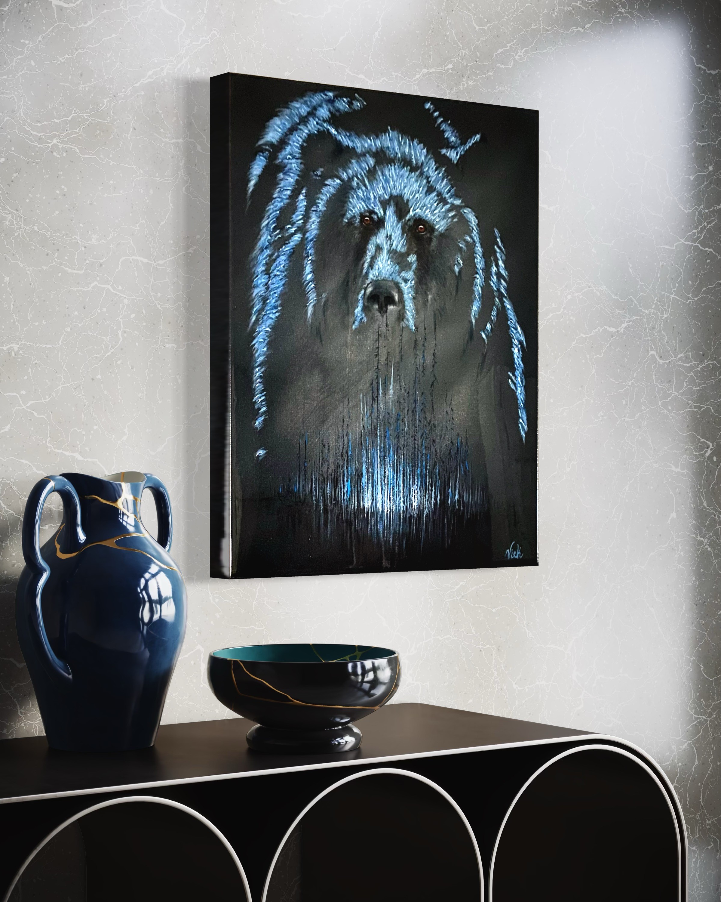 Toile avec un ours en noir et bleu dans un décors