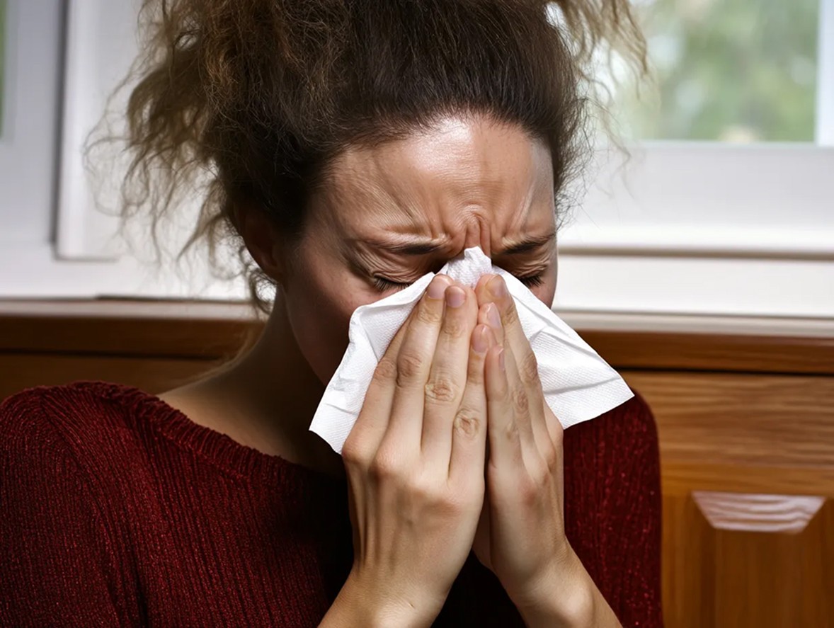 Mujer con nariz tapada