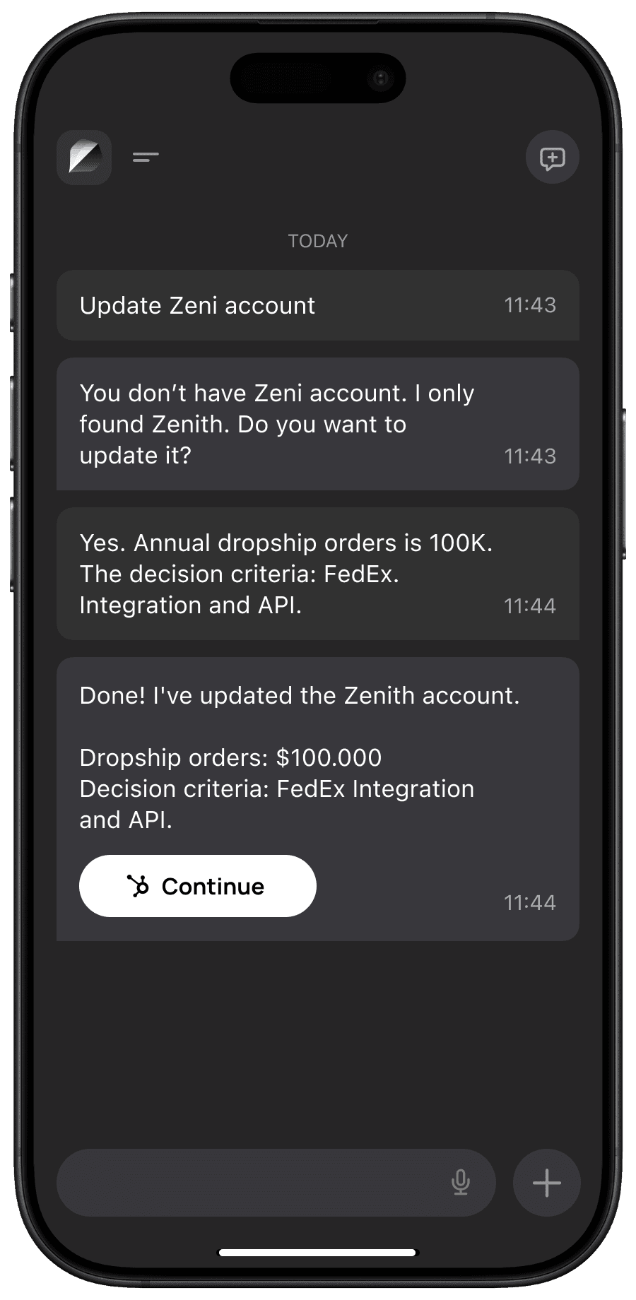 Screenshot of chat with a client