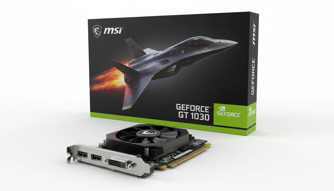 DSLR product photography of a low-profile MSI NVIDIA GeForce GT 1030 graphics card and its retail box, isolated on a seamless white background. The shot is composed with the graphics card in the sharp foreground, showing its black PCB, single cooling fan over a black heatsink, and silver I/O bracket. The black and lime-green retail box stands angled behind it, featuring artwork of a stealth jet with fiery exhausts. The image has soft studio lighting, creating gentle shadows, with a deep depth of field keeping all elements in crisp focus.